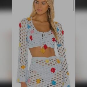 Lovers + Friends 70s Festival Baby Blue Crochet Crop Top Beach Babe
